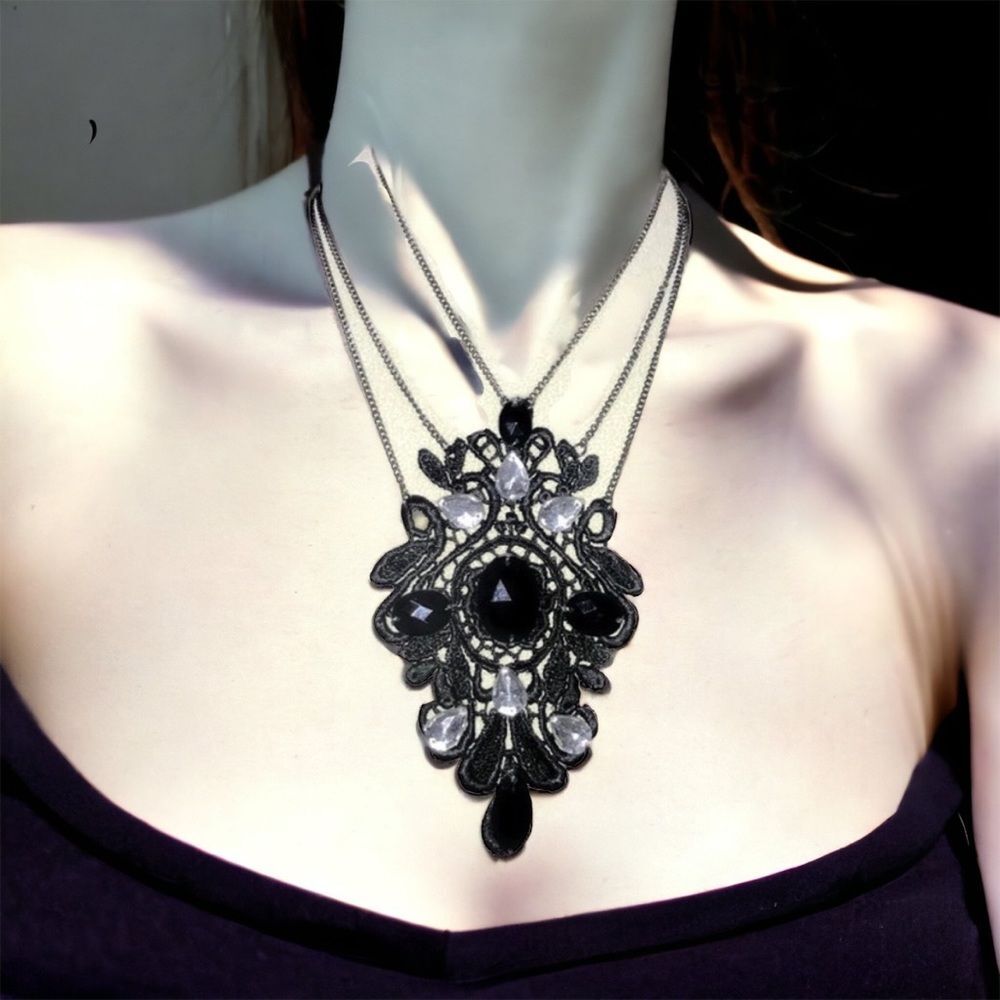 Gothic Y2K BLACK Crochet Lace Medallion & Triple Chain Earrings Set NWT!